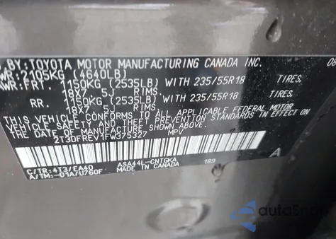 2015 Toyota Rav4 Limited from USA, damaged, VIN 2T3DFREV1FW375327